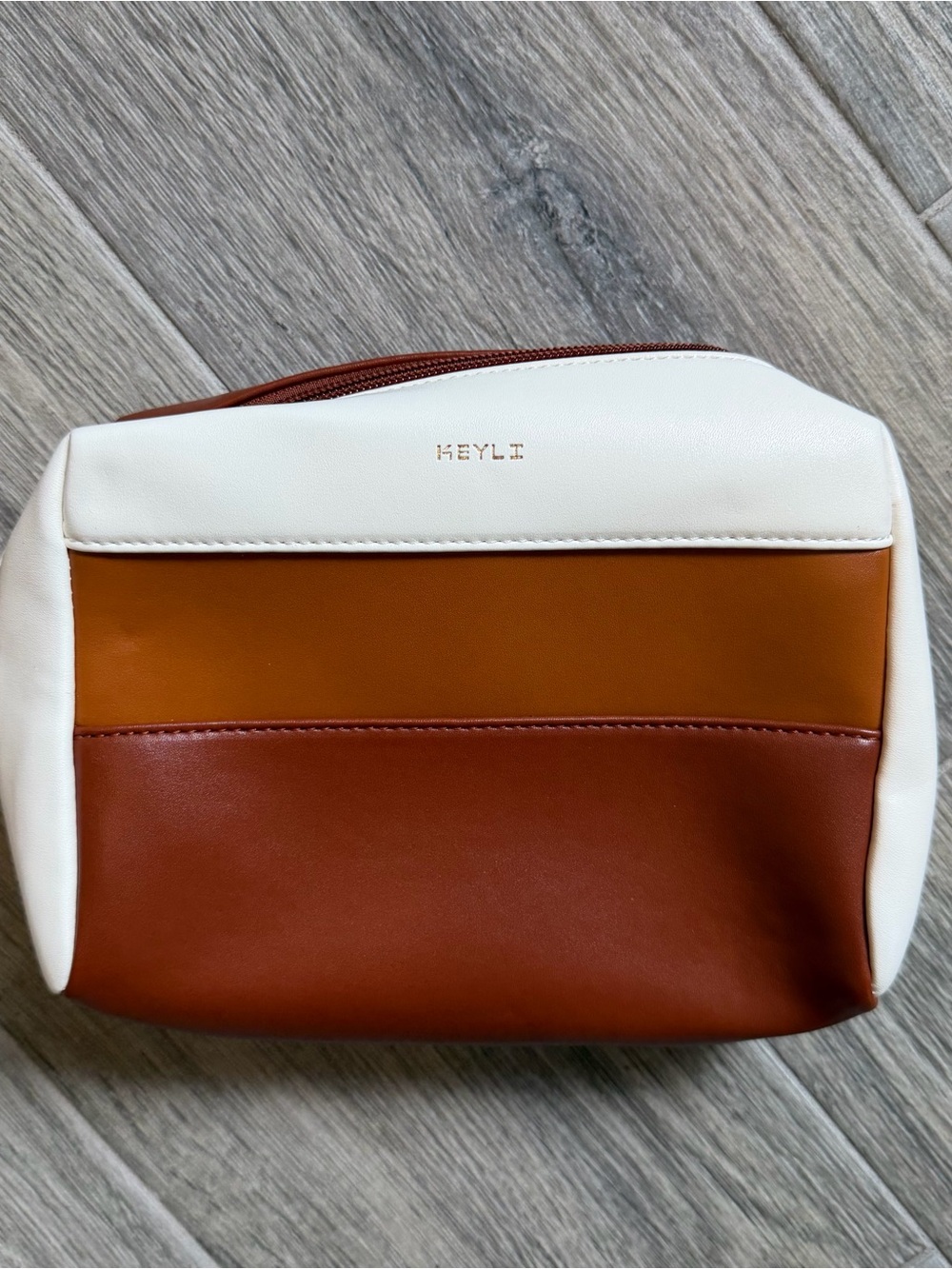 Keyli Colorblock Brown/ White Faux Leather Cosmetic Bag,  Like New